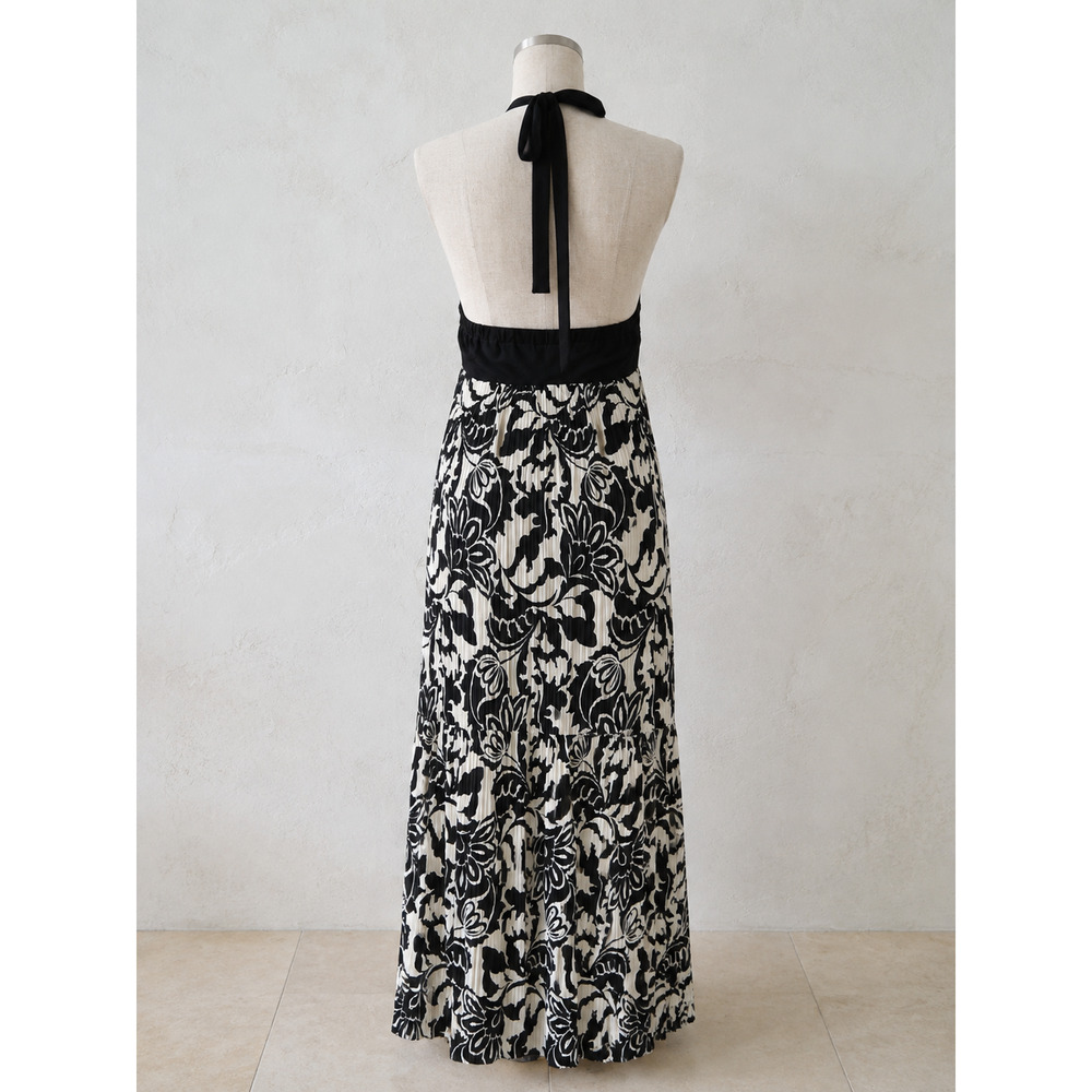 NWOT R&M Richards XL Black Ivory Floral Halter Maxi Dress Pleated Formal - Picture 3 of 7